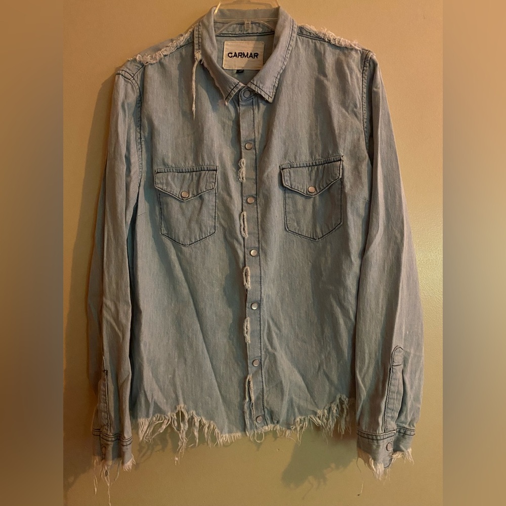 CARMAR Distressed Light Wash Button Down Jean Shirt